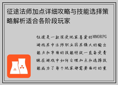 征途法师加点详细攻略与技能选择策略解析适合各阶段玩家