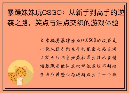 暴躁妹妹玩CSGO：从新手到高手的逆袭之路，笑点与泪点交织的游戏体验